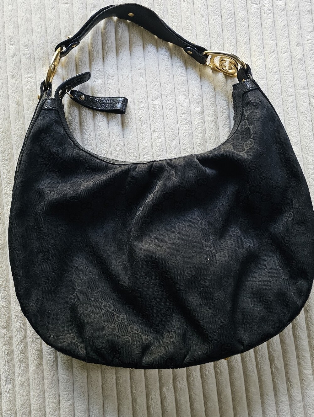 Gucci Black GG Jacquard Crescent Hobo with Gold Hardware